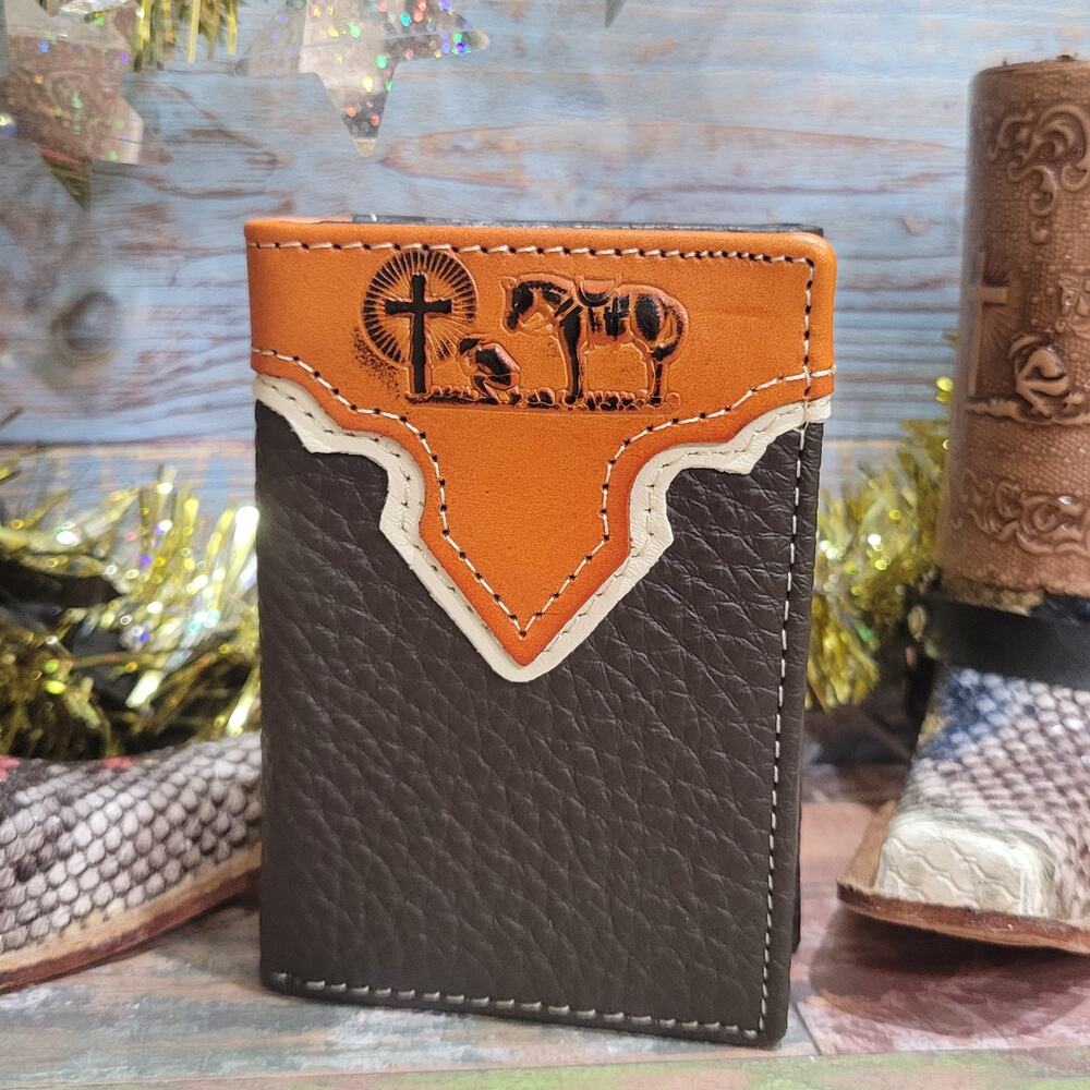 Praying Cowboy Trifold Mini Wallet Pebbled Genuine Leather Embossed Design